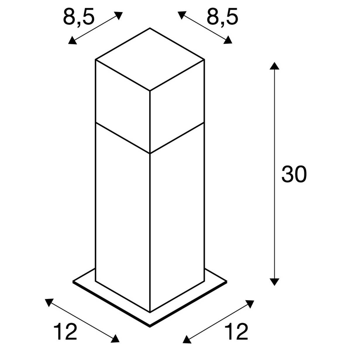 'Technische Zeichnung eines quaderförmigen Objekts mit Maßen: Oben 8,5 x 8,5 cm, unten 12 x 12 cm, Höhe 30 cm.'