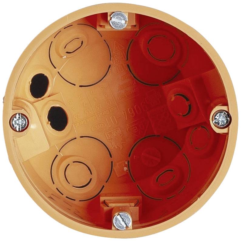 Runde, orange Unterputzdose mit mehreren runden Sollbruchstellen und vier Befestigungslöchern mit Schrauben zur Installation in Wänden.