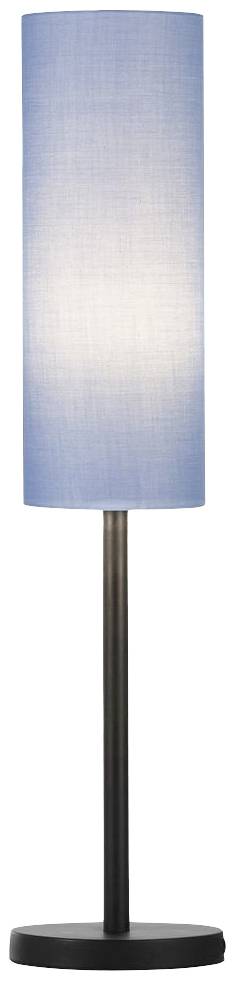Eine Tischlampe mit einem zylindrischen blauen Lampenschirm auf einem dunklen Ständer.