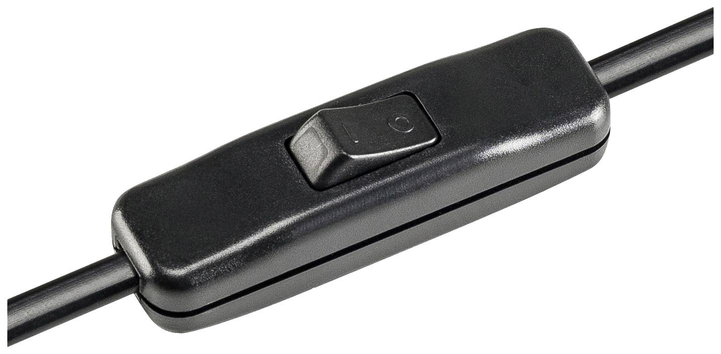 Ein schwarzer Kippschalter, eingebaut in ein Kabel, ermöglicht das An- und Ausschalten eines elektrischen Geräts.
