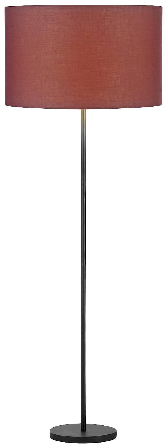 Stehlampe mit rotem Lampenschirm und schwarzem Ständer, schlichtes Design.