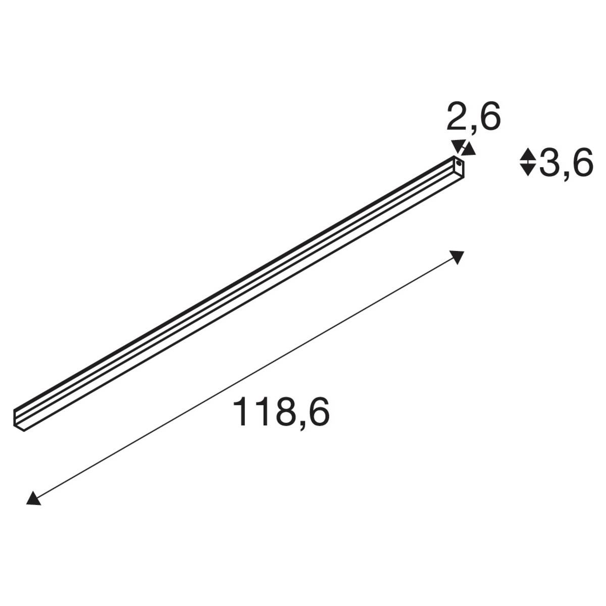Abbildung zeigt einen länglichen Stab mit den Maßen 118,6 Länge, 2,6 Höhe und 3,6 Breite.