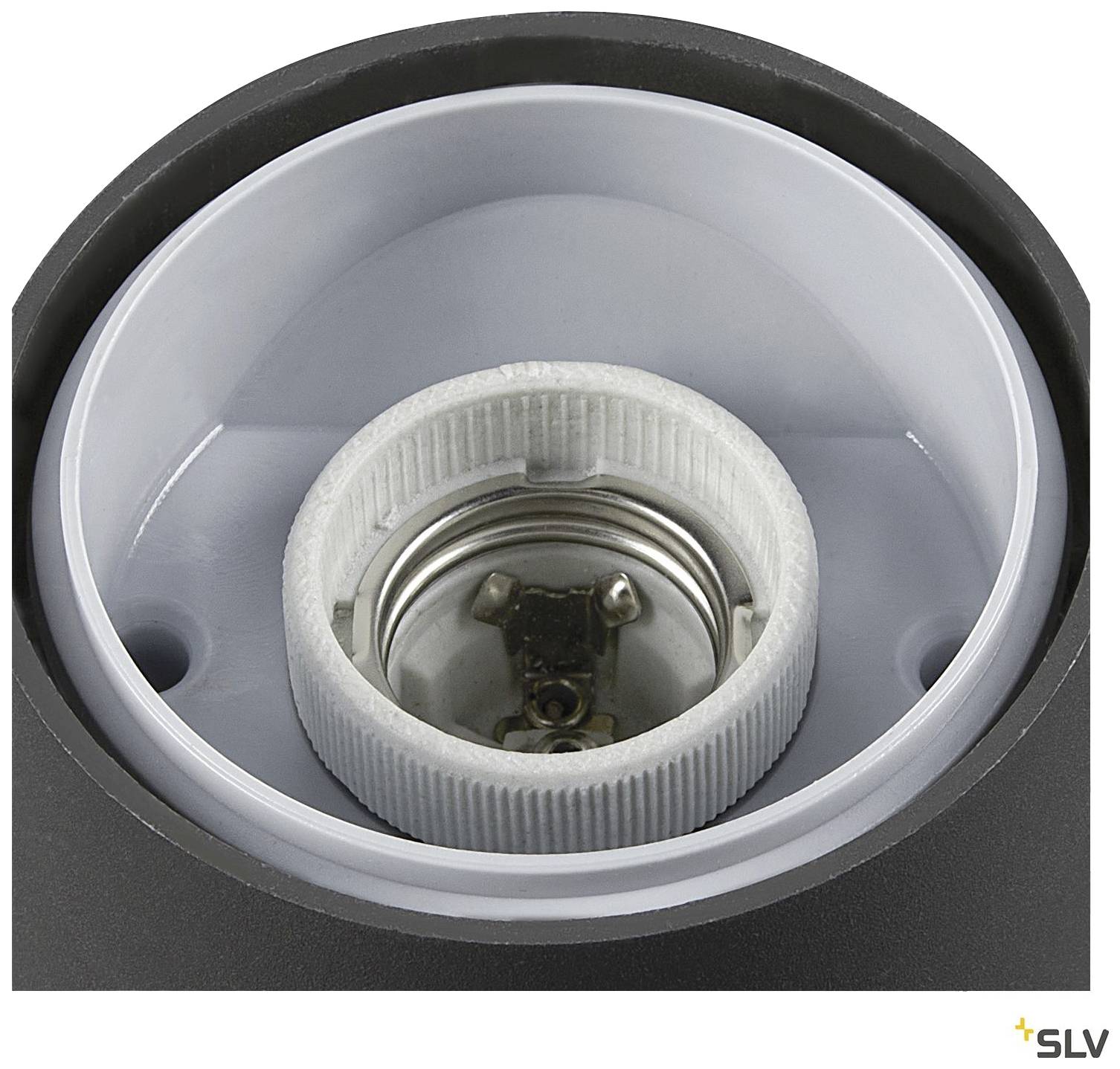 Schwarze Lampenfassung mit weißem Innenbereich und metallischer Kontaktstelle, zum Einsetzen von Glühbirnen.