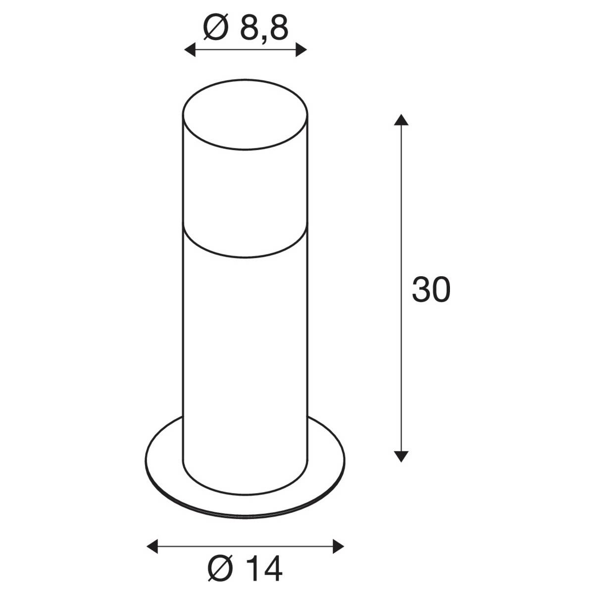 Schema einer zylindrischen Struktur, Höhe 30 cm, obere Durchmesser Ø 8,8 cm, Basisdurchmesser Ø 14 cm, mit Pfeilen zur Größenanpassung.