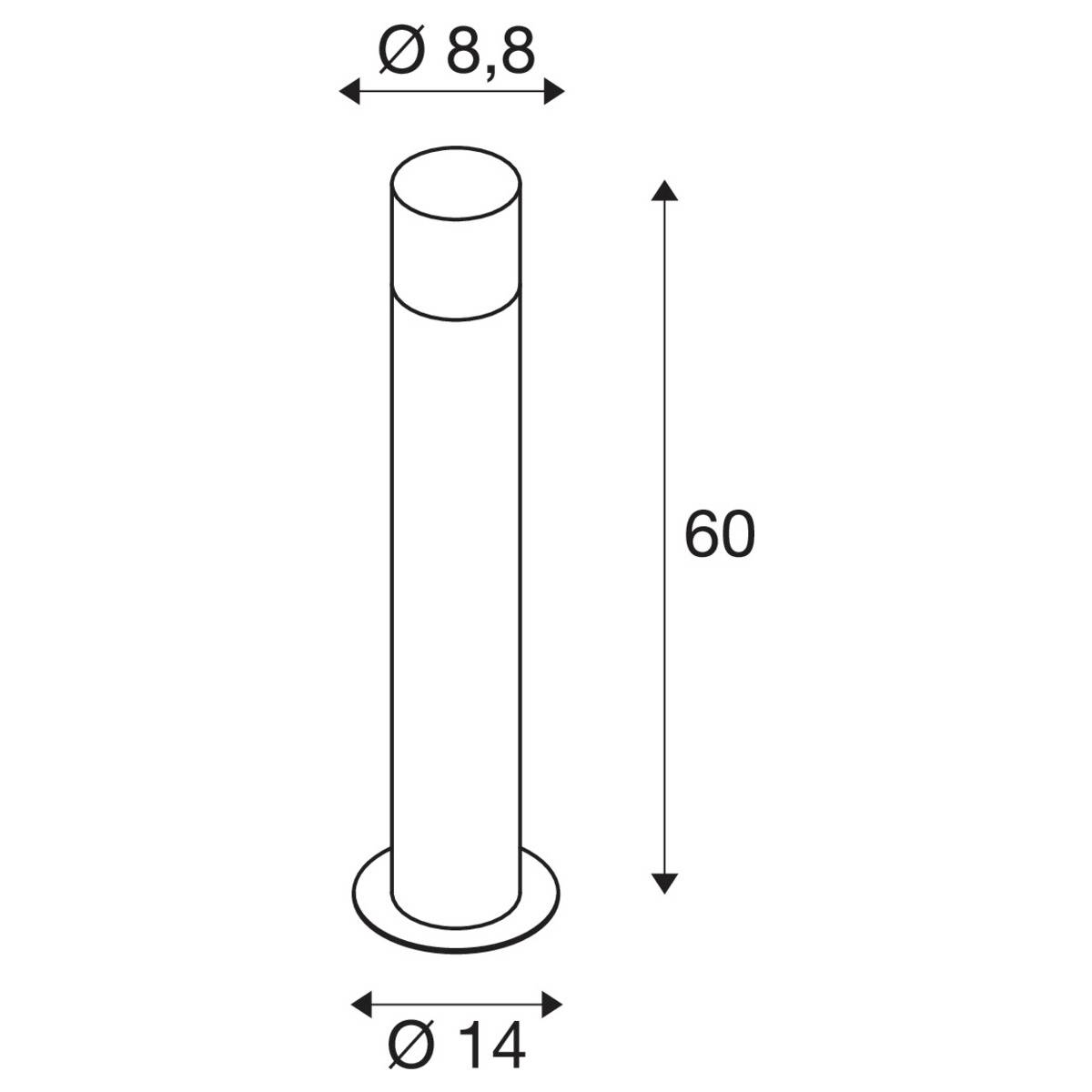 Diagramm zeigt einen zylindrischen Pfosten mit einem Durchmesser von 8,8 cm oben und 14 cm an der Basis, Höhe 60 cm.