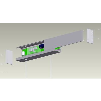 Explosionszeichnung eines technischen Bauteils mit Schienen, Elektronikkomponenten und Befestigungselementen zur Montage.
