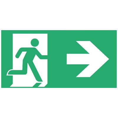 Hinweis auf Notausgang: Piktogramm zeigt eine Person, die nach rechts zu einem Ausgang läuft, begleitet von einem Pfeil in derselben Richtung.