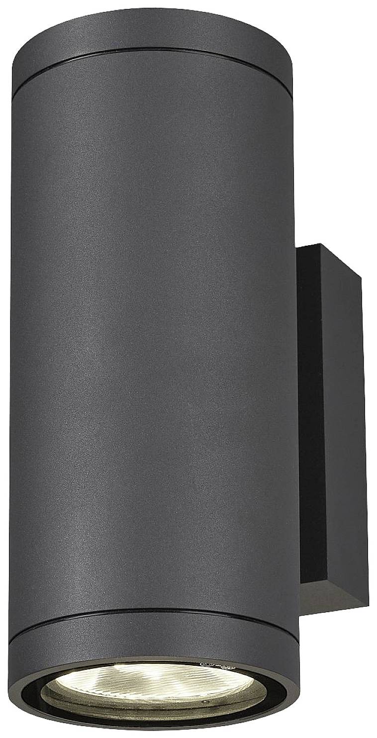 Eine zylindrische, schwarze Wandleuchte mit zwei Lichtquellen, die nach oben und unten leuchten.