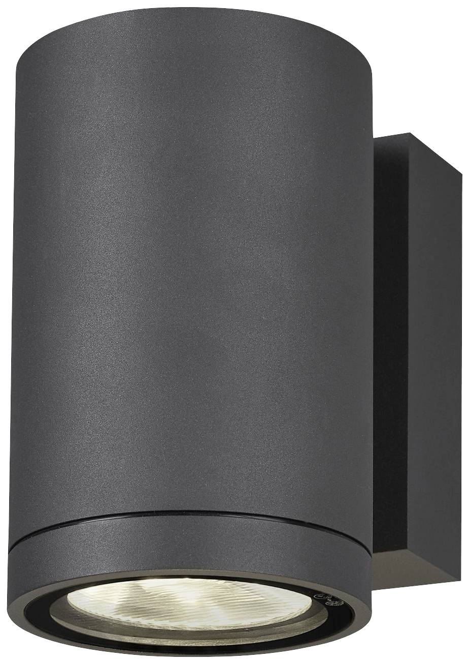 Schwarze, zylindrische Außenwandleuchte mit nach unten gerichtetem Licht, geeignet für moderne Gebäudefassaden.