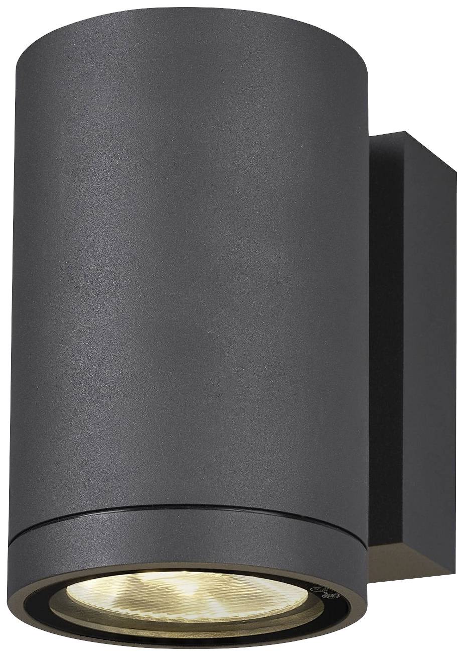 Schwarze, zylindrische Wandleuchte mit modernem Design, beleuchtet nach unten, geeignet für Innen- oder Außenbereich.