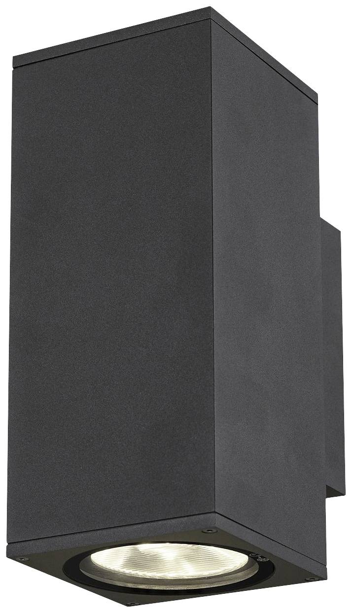 Schwarze, rechteckige Außenwandleuchte mit Downlight-Strahlung, geeignet für moderne Gebäudefassaden oder Terrassenbeleuchtung.