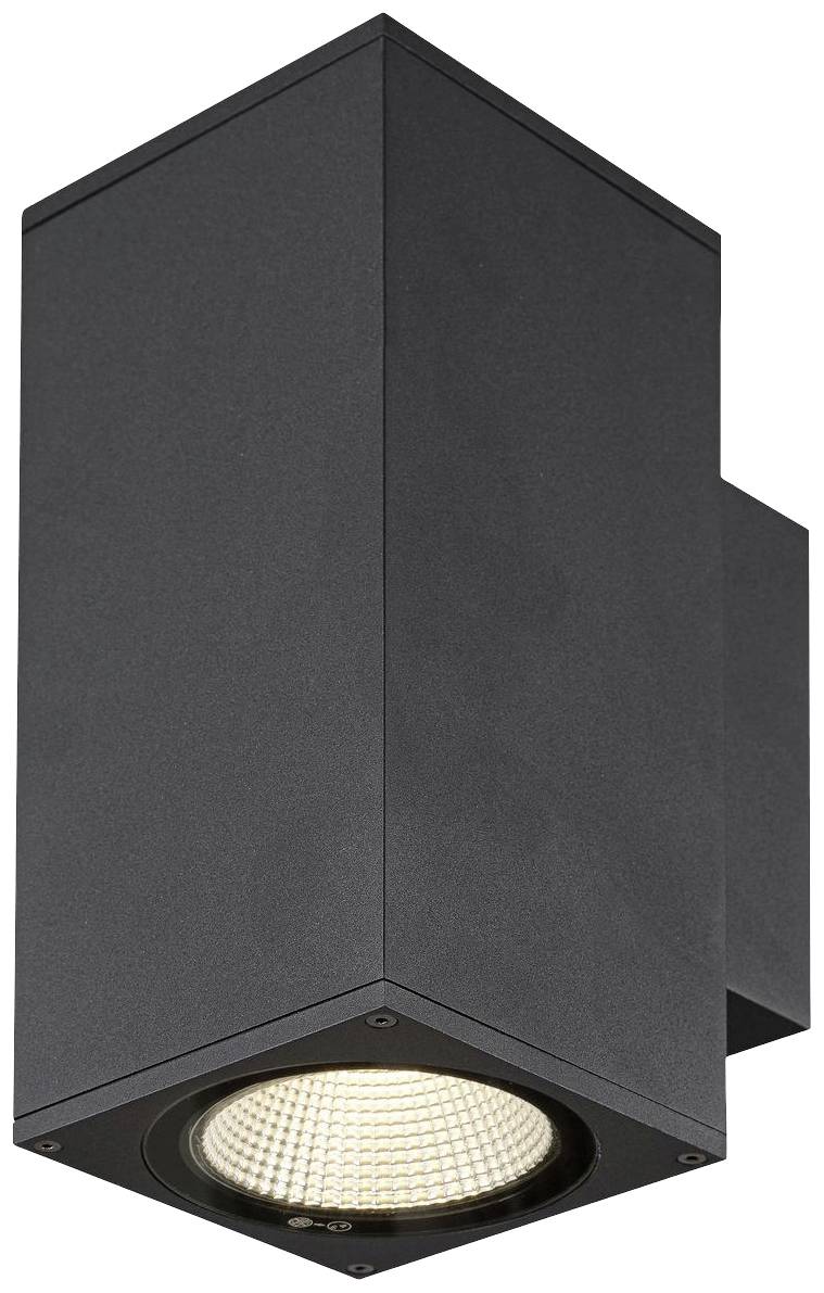 Schwarze, quadratische Außenwandleuchte mit nach unten gerichtetem Lichtaustritt. Minimalistisches Design für moderne Fassadenbeleuchtung.