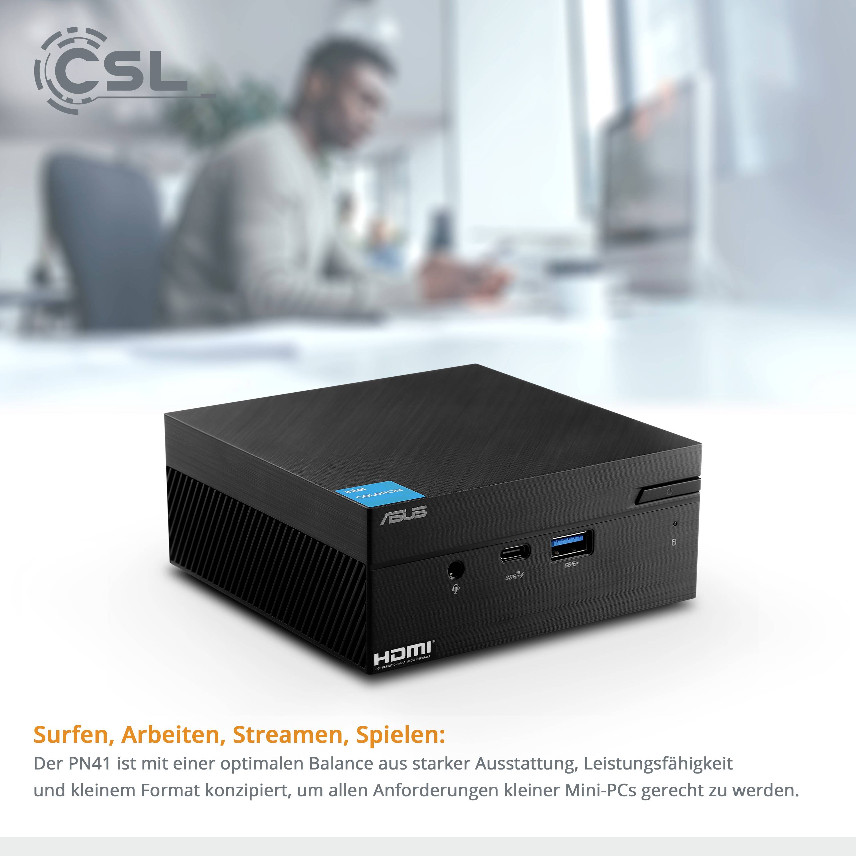 Ein Mini-PC mit schwarzem Gehäuse auf weißem Hintergrund. Text betont die Vielseitigkeit für Surfen, Arbeiten, Streamen und Spielen.