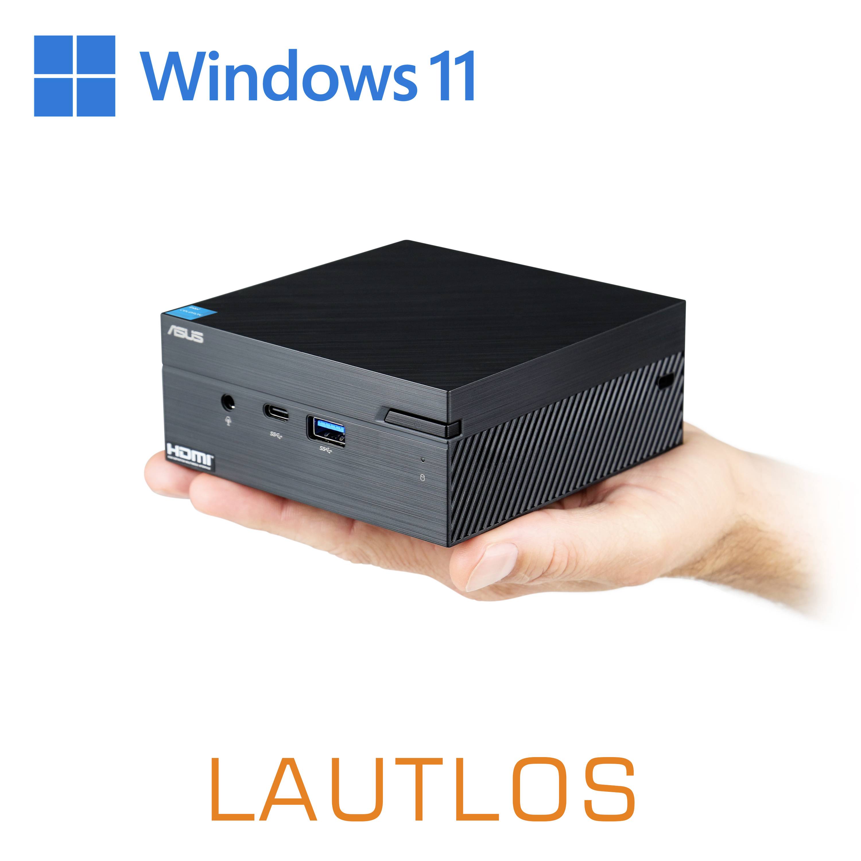 Eine Hand hält einen kleinen, schwarzen Computer mit der Aufschrift 'LAUTLOS' und dem Logo 'Windows 11' oben links.