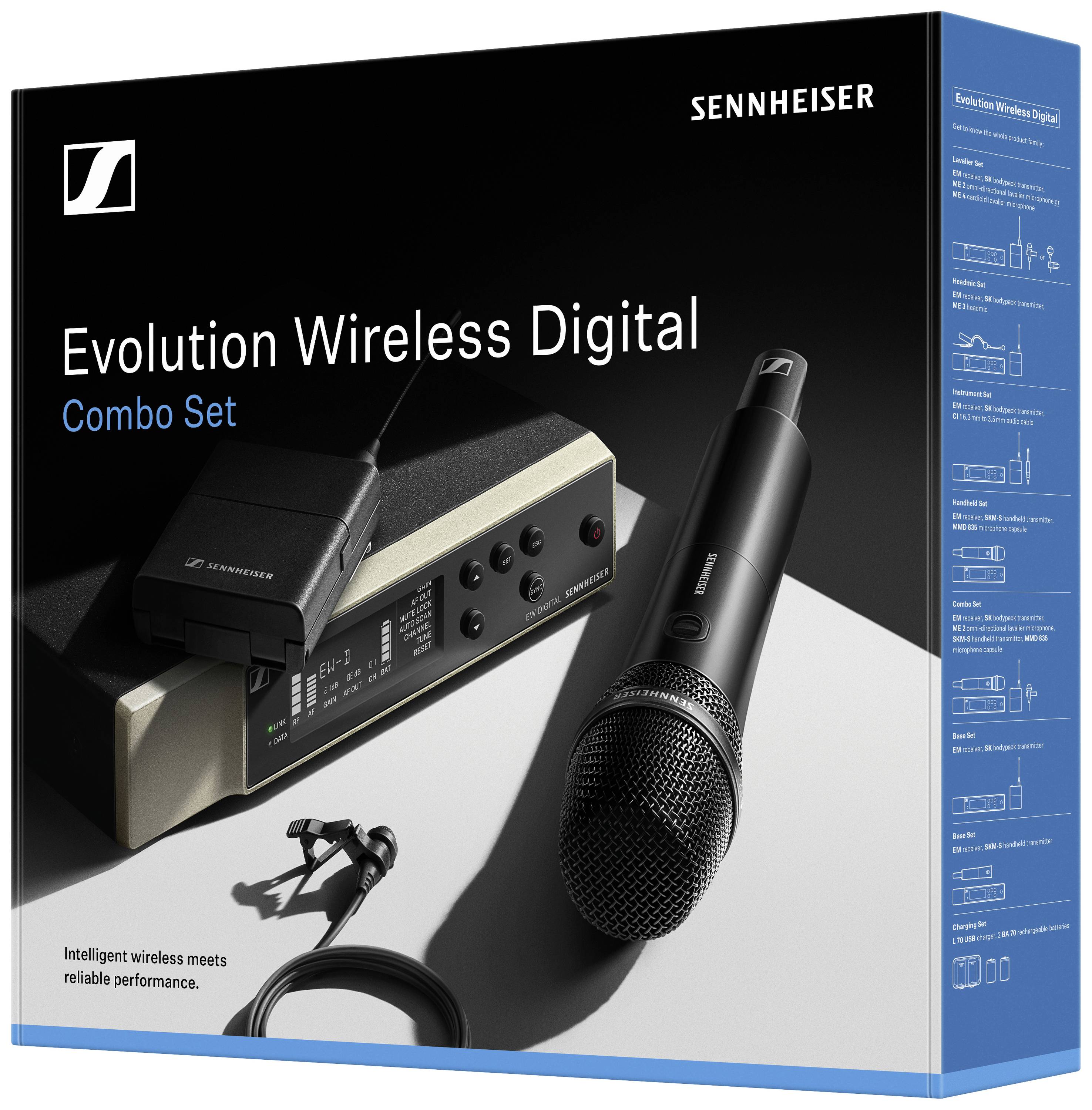 'Verpackung eines Sennheiser Evolution Wireless Digital Combo Sets, mit Mikrofon und Empfänger abgebildet. Text: "Intelligent wireless meets reliable performance."'