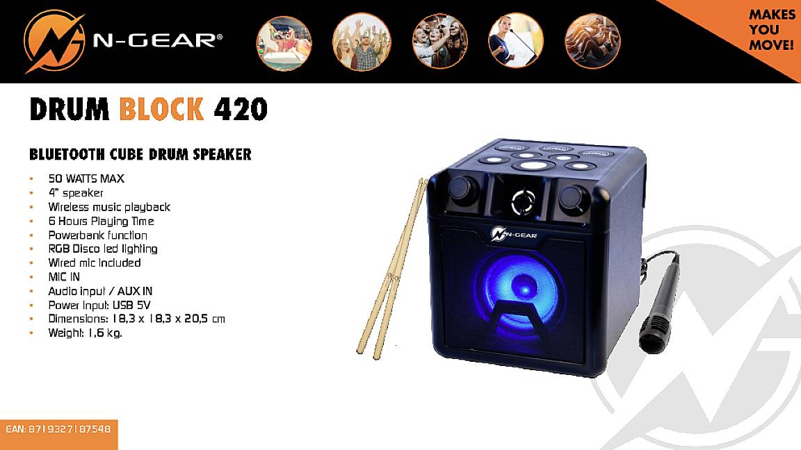 'Bluetooth Cube Drum Speaker' mit 50 Watt, RGB-Licht, 6 Stunden Spielzeit. Enthält 4" Lautsprecher, Mikrofoneingang, USB-Anschluss. Ideal für mobilen Musikgenuss.
