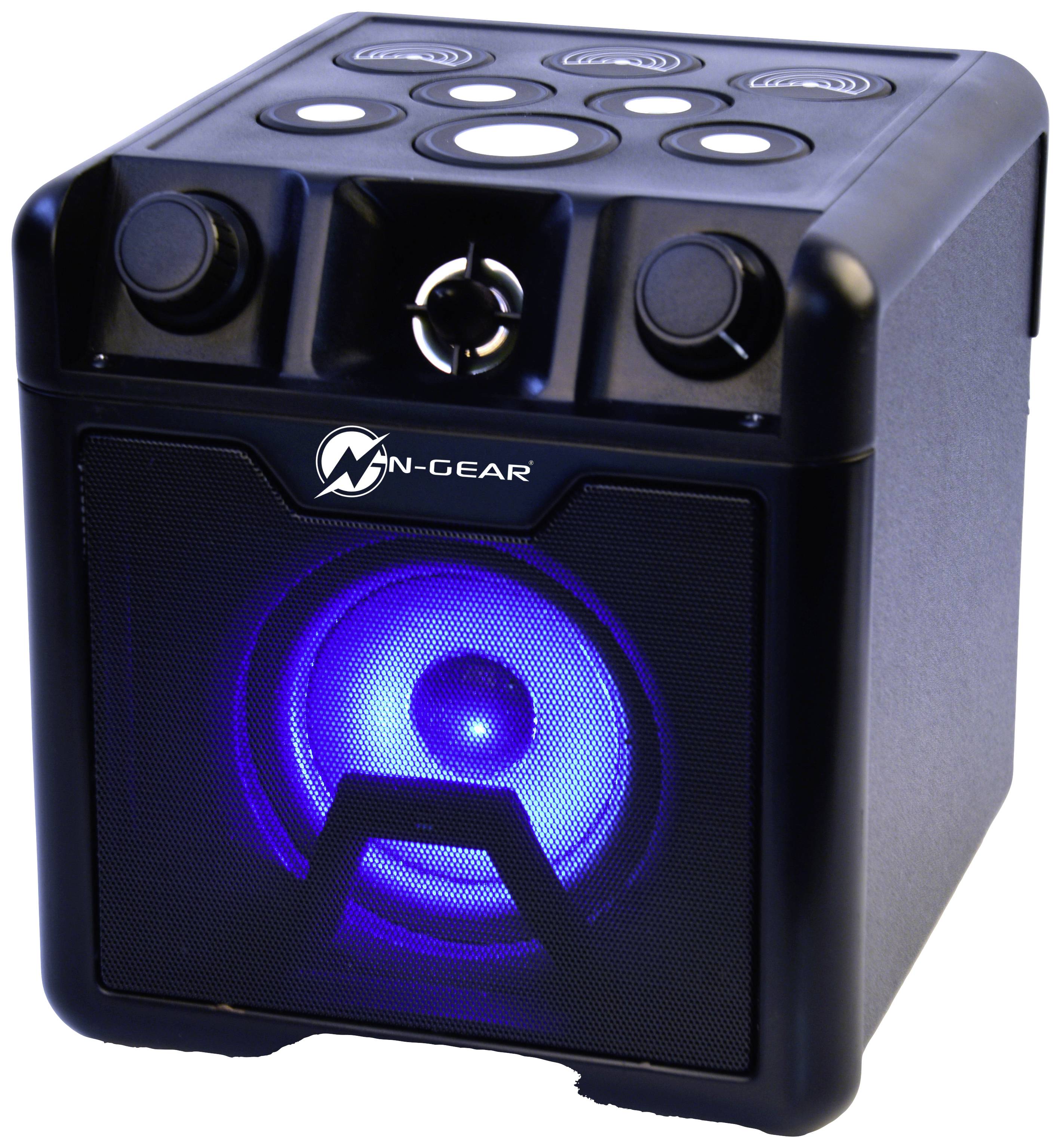 Ein kleiner, schwarzer Lautsprecher mit sichtbarem blauen LED-Licht, Kontrollknöpfen oben und dem Logo 'N-Gear' auf der Vorderseite.