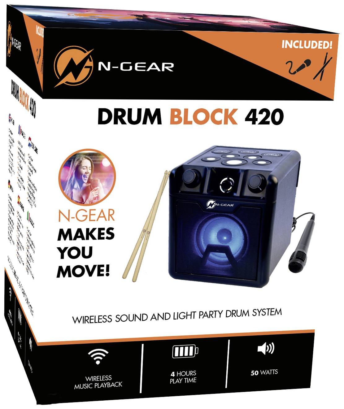 'Darum Block 420'-Lautsprecher von N-Gear. 'Makes you move!' Drahtloses Sound- und Lichtsystem mit 4 Stunden Wiedergabe. 50 Watt.