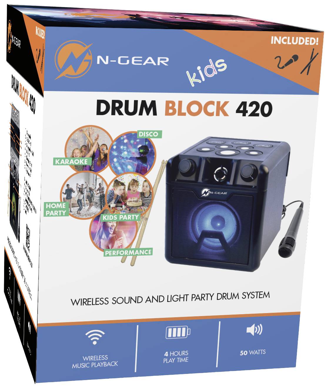 'Drum Block 420' Verpackung mit Lautsprechergerät. Enthält Bilder und Text: 'Disco', 'Karaoke', 'Kids Party', 'Home Party', 'Performance'.