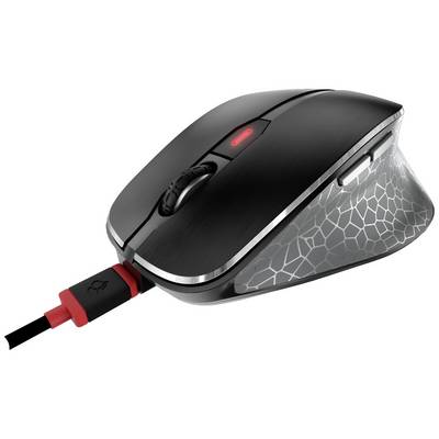 Schwarze Gaming-Maus mit Kabelanschluss, ergonomischer Form und roten Akzenten.