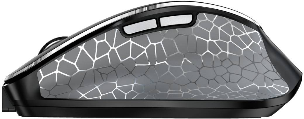 Eine ergonomische Computermaus mit einem grauen, mosaikartigen Muster und zwei Daumentasten an der Seite.