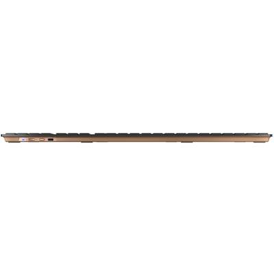 Eine braune Soundbar mit schwarzen Tasten und blauem LED-Licht an der Vorderseite.