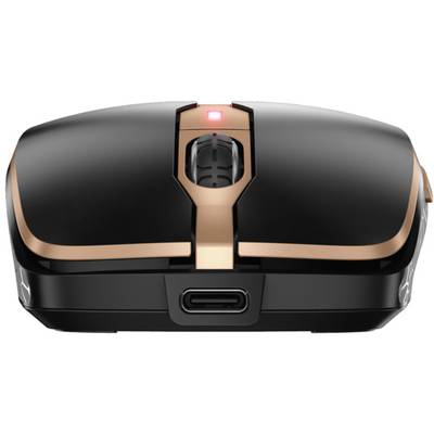 Schwarze Computermaus mit bronze Details, sichtbarem Scrollrad und USB-C-Anschluss, von vorn fotografiert.