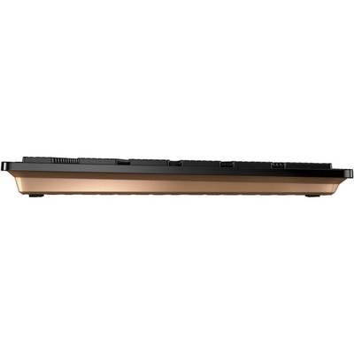 Ein mechanisches Keyboard seitlich betrachtet. Das Gehäuse ist schwarz mit einer kupferfarbenen Unterseite.