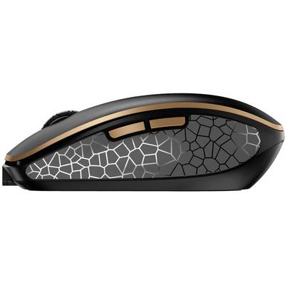 Eine kabellose Computermaus mit geometrischem Muster in Schwarz und Kupferakzenten, seitliche Tasten sichtbar.