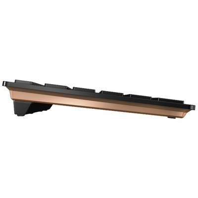 Seitliche Ansicht einer Tastatur mit erhöhter Rückseite und kupferfarbener Basis, geeignet für ergonomische Nutzung.