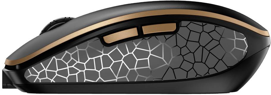 Eine drahtlose Computermaus mit einem modernen, geometrischen Muster in Schwarz und Weiß auf der Seite. Sie hat zwei Seitentasten.