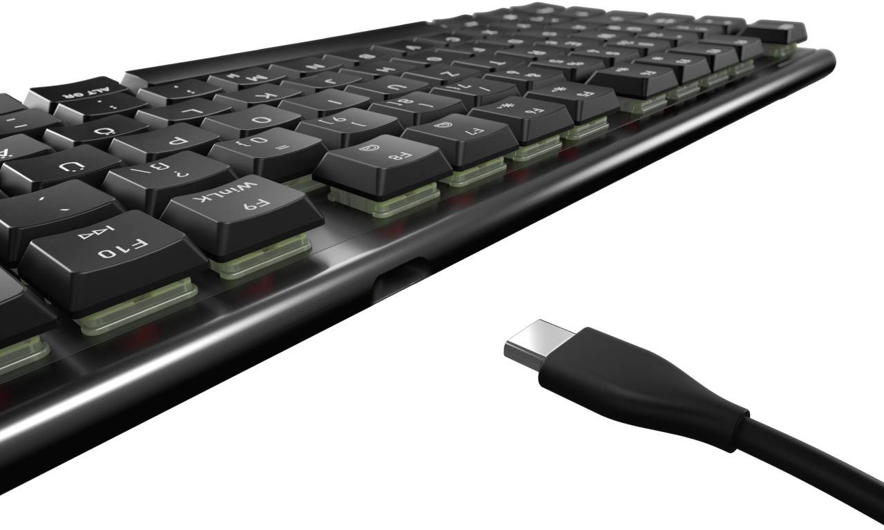 Eine computertastatur in schwarzer Farbe mit abnehmbaren Tasten und einem USB-C-Anschluss auf weißem Hintergrund.