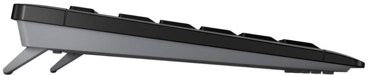 Seitliche Ansicht einer Computertastatur mit hochgeklappten Ständern.