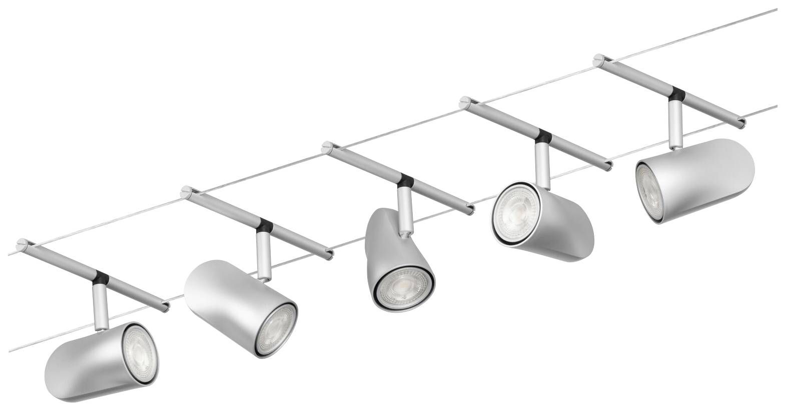 Deckenstrahler mit vier verstellbaren, silbernen LED-Lampen, montiert an einer Schiene. Ideal für gerichtetes Licht im Raum.