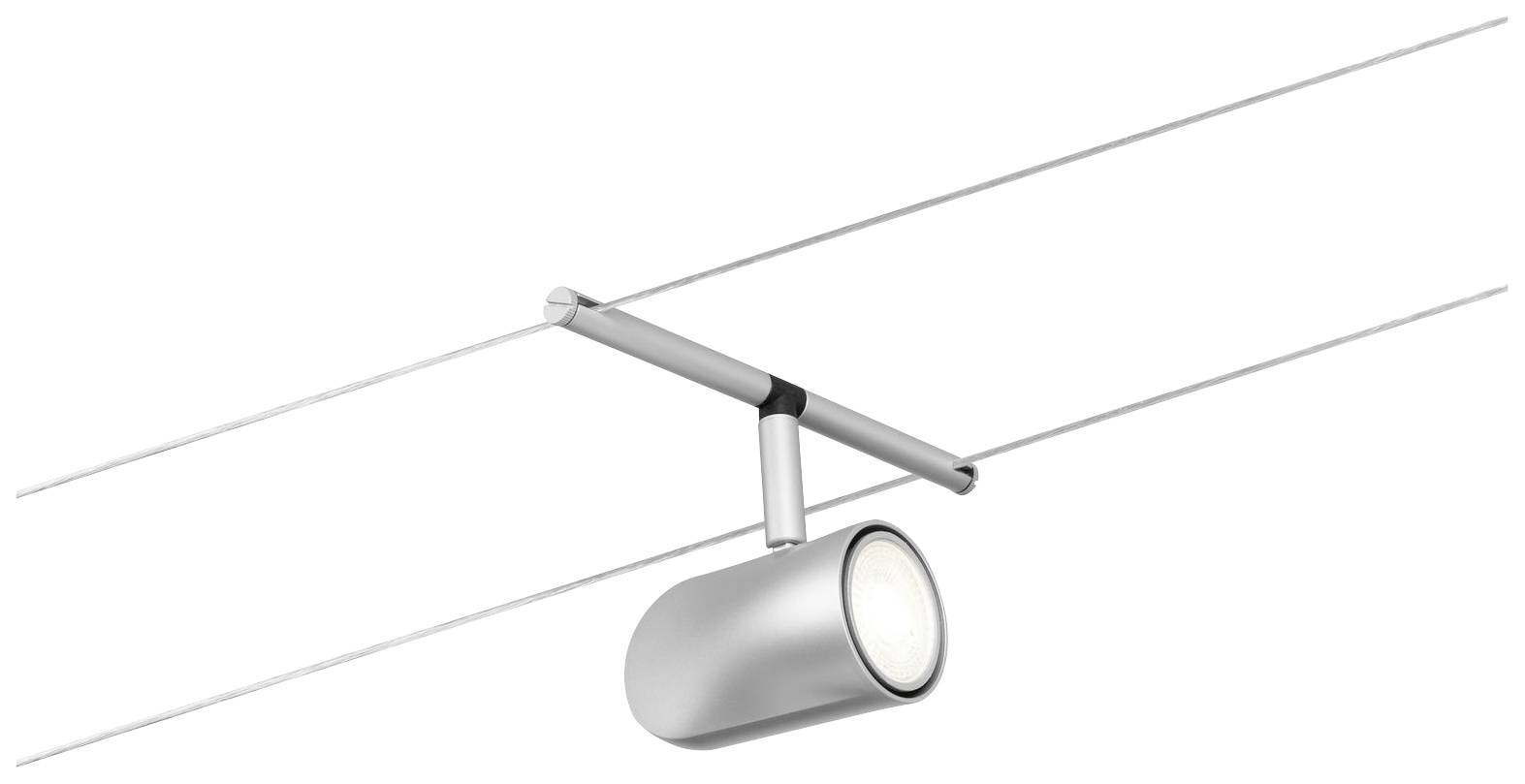 Spotlicht auf Kabel, silberfarbenes Gehäuse, zylindrische Form, moderne Beleuchtungslösung für Innenräume.