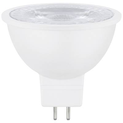 Eine weiße LED-Glühbirne mit GU10-Sockel, geeignet für Spotlampen. Die Birne hat eine runde Form und klare Abdeckung oben.