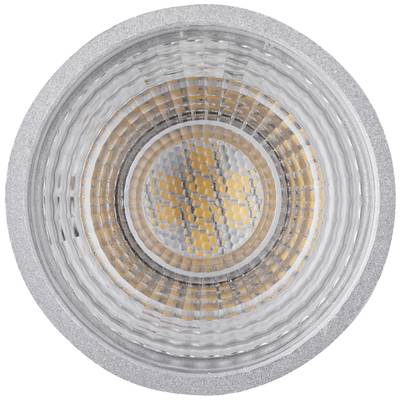 Nahaufnahme einer LED-Glühlampe von oben, zeigt eine runde Form mit sichtbaren orangefarbenen LED-Chips im Inneren.