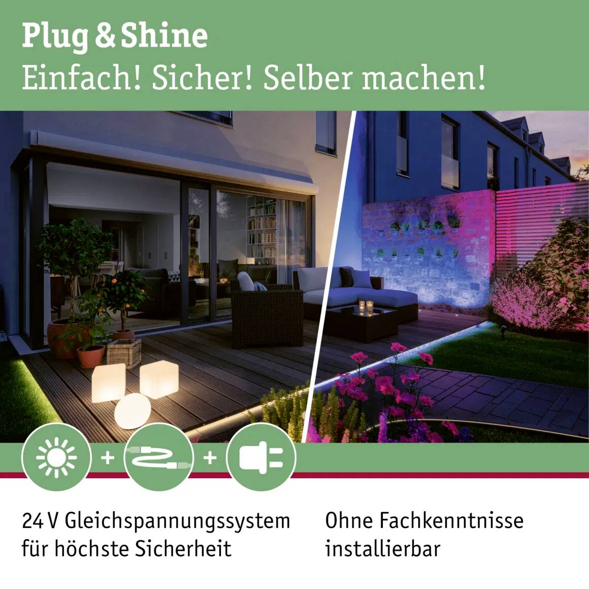'Plug & Shine: Einfach! Sicher! Selber machen!' Zwei Bilder zeigen beleuchtete Außenbereiche. Text: '24 V Gleichspannungssystem für höchste Sicherheit. Ohne Fachkenntnisse installierbar.'