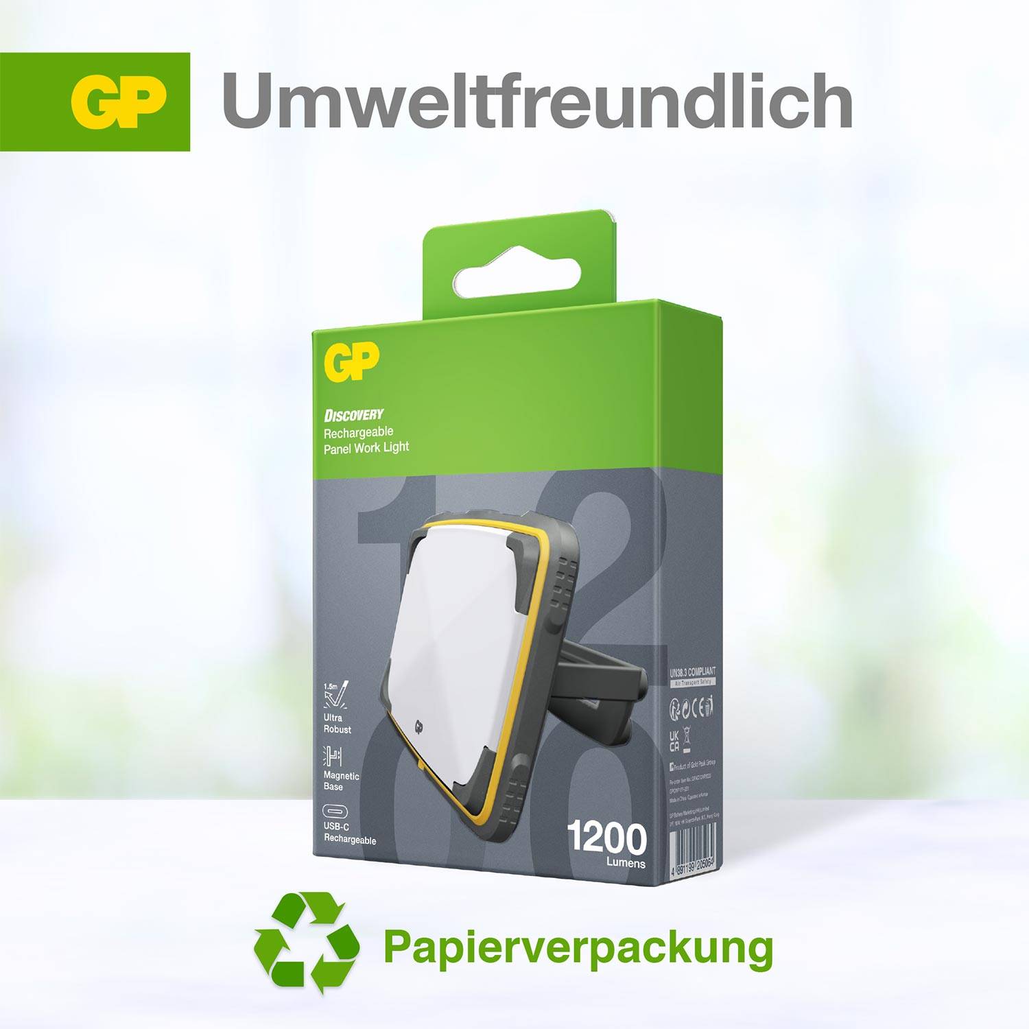 Verpackung für wiederaufladbare GP Arbeitsleuchte, 1200 Lumen, mit Text 'Umweltfreundlich' und 'Papierverpackung' darunter.