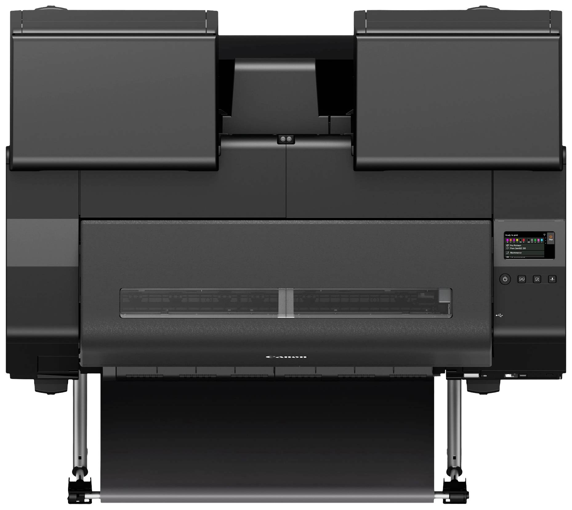 Großer professioneller Drucker mit zwei Papierzuführungen und digitalem Display, geeignet für hochwertige Großformatdrucke.