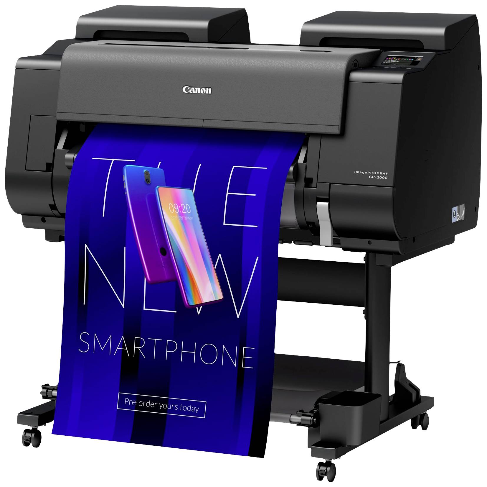 Ein Drucker gibt ein Plakat aus, das ein modernes Smartphone bewirbt. Auf dem Plakat steht: 'THE NEW SMARTPHONE - Pre-order yours today'.