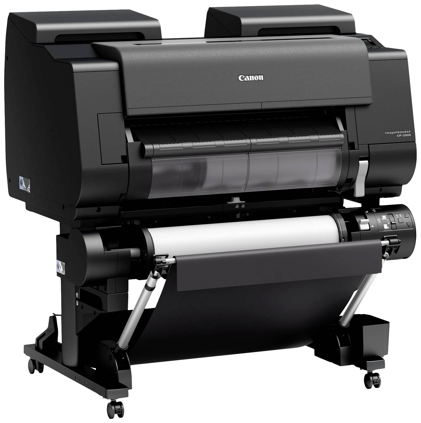 Großer Schwarz-Weiß-Drucker auf Rollen. Ideal für Plakate und großformatige Drucke. Modell zeigt Firmenlogo und Bedienelemente.