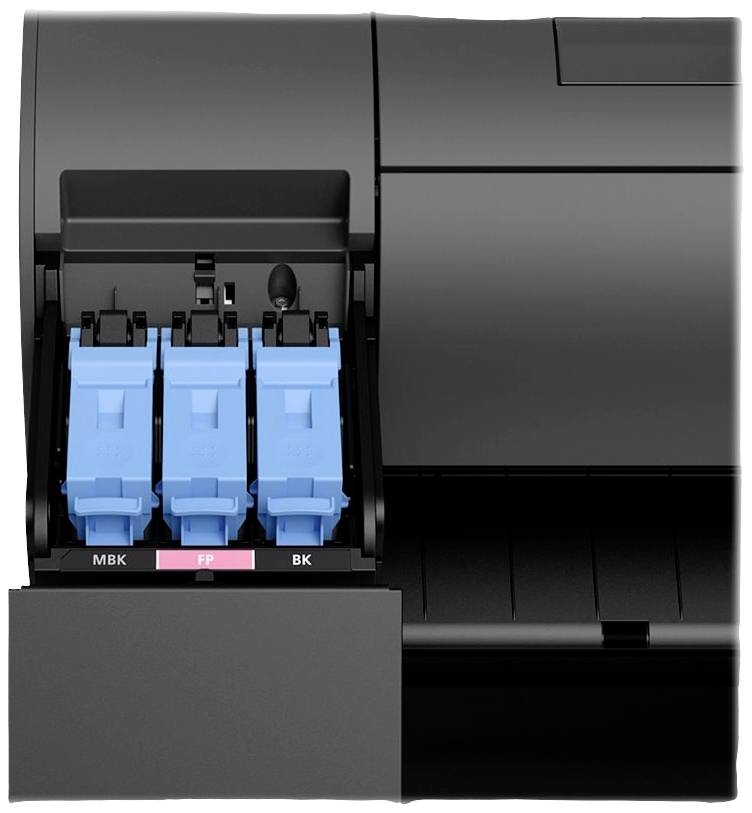 Ein geöffneter Drucker mit blauen Tintentanks, markiert als 'MBK', 'FP', und 'BK'.