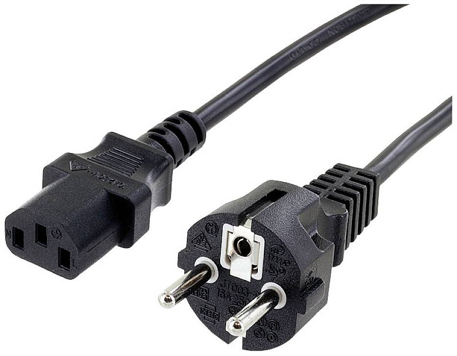 Ein schwarzes Netzkabel mit einem europäischen Schuko-Stecker und einem C13-Kupplungsstecker, geeignet für Geräteanschlüsse.