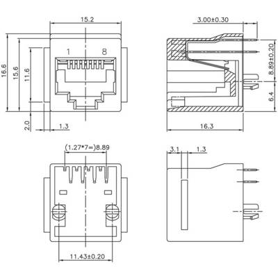 Technische Zeichnung eines RJ45-Steckers mit Maßen: Breite 15,2 mm, Höhe 16,3 mm, Tiefe 15,6 mm. Detailansichten mit Schnitt.