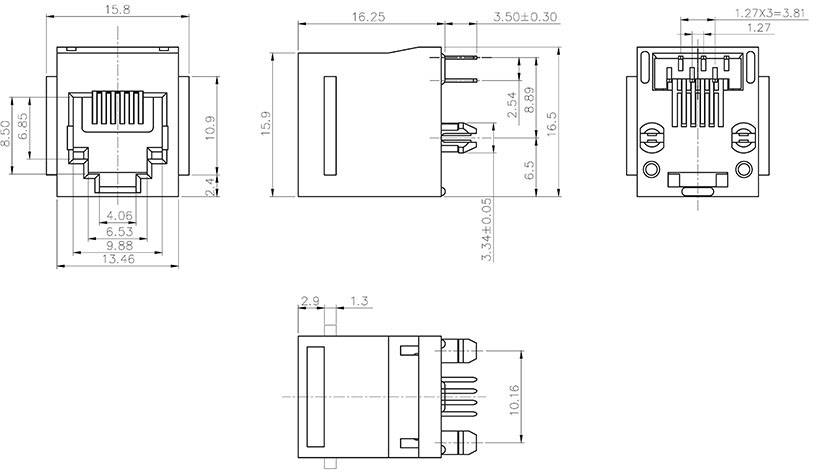 Technische Zeichnung eines RJ45-Buchsenmoduls mit Seiten-, Vorder- und Oberansicht. Maße und Abstände in Millimetern angegeben.
