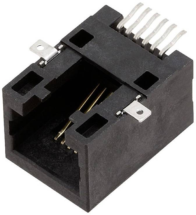 Ein schwarzer Plastikanschluss mit mehreren Metallschienen, möglicherweise ein RJ11- oder RJ45-Stecker, wird von oben gezeigt.