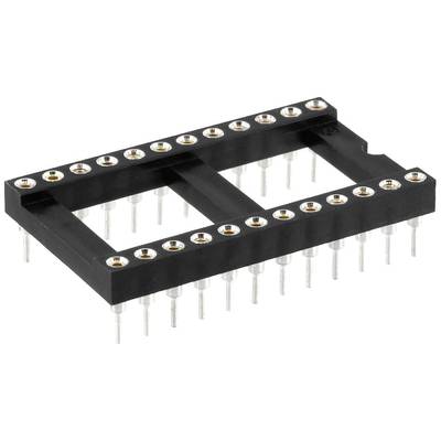 'IC-Sockel mit 28 Pins aus schwarzem Kunststoff, für die Aufnahme von Integrierten Schaltungen auf Leiterplatten vorgesehen.'