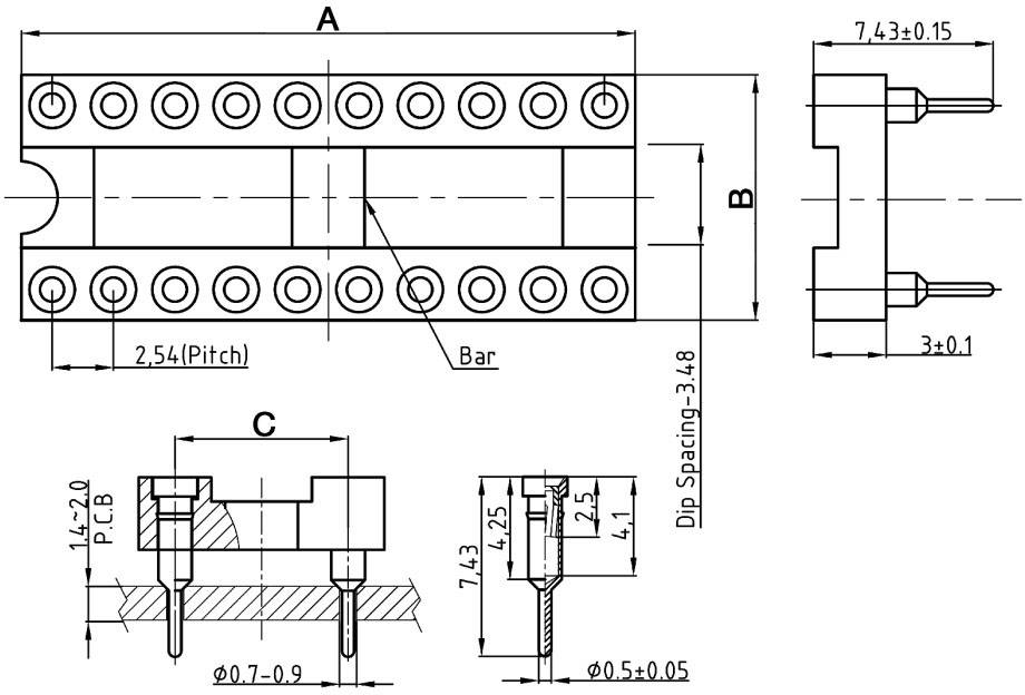 Technische Zeichnung eines Steckverbinders mit Maßen und Details zur Stiftplatzierung und Montage.