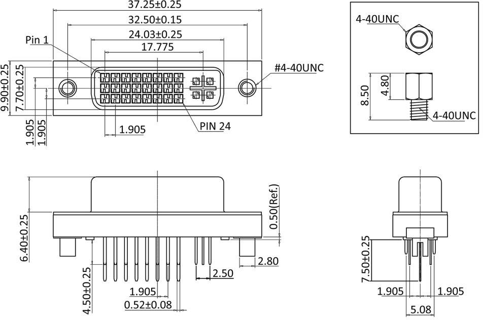 Technische Zeichnung eines Steckverbinders mit Maßen, Lochpositionen und Befestigungsdetails in Millimetern. Oberansicht, Rück- und Seitenansicht dargestellt.